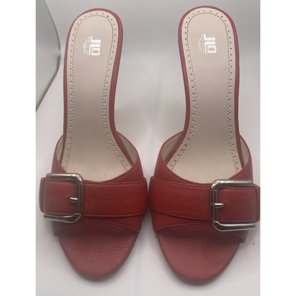 Jennifer Lopez JLO Red Leather Buckle Square Open Toe Slides - Size 8M